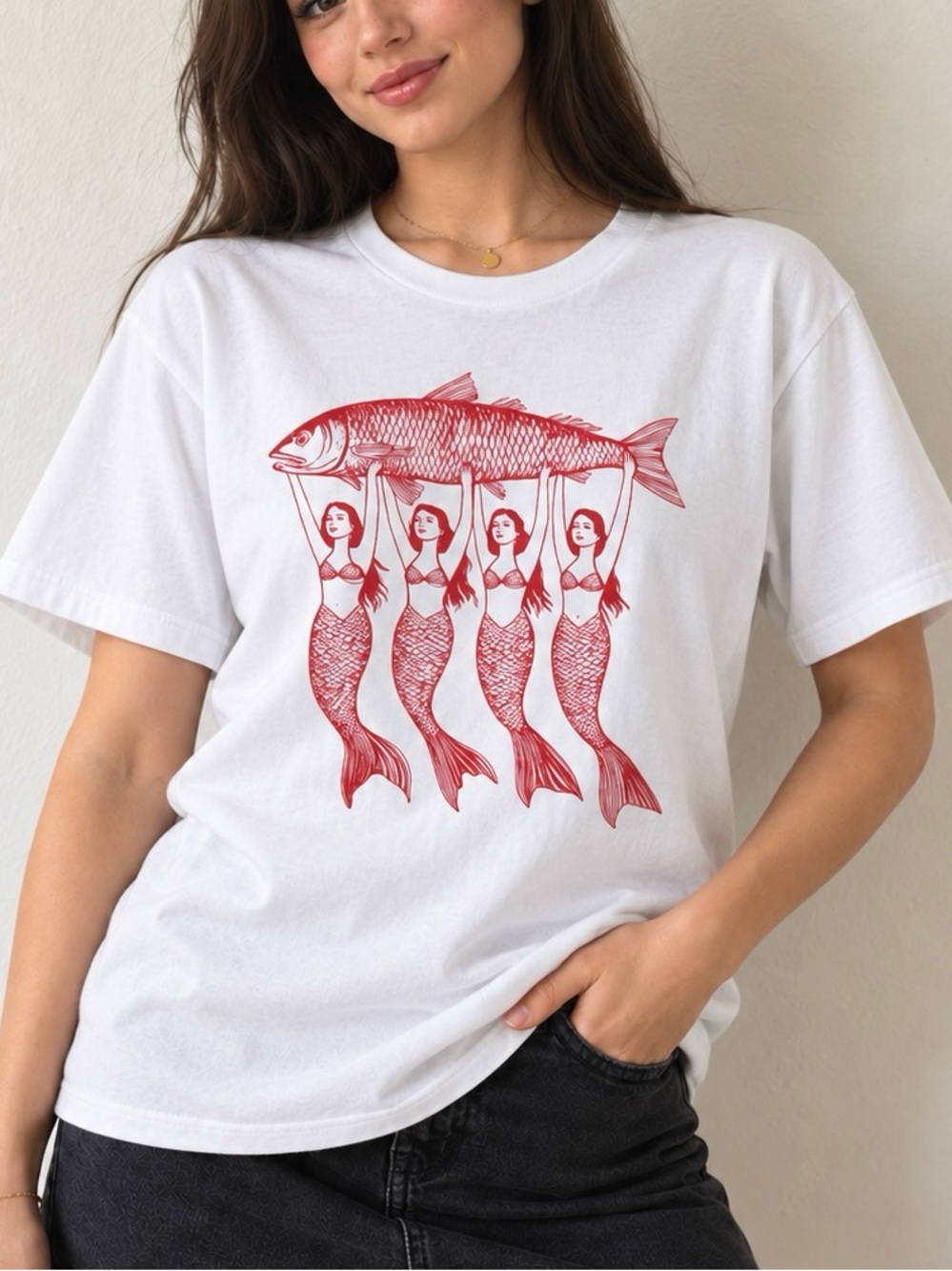 Mermaids Lifting Fish White Coastal Art Aesthetic Gildan Reprint Tee